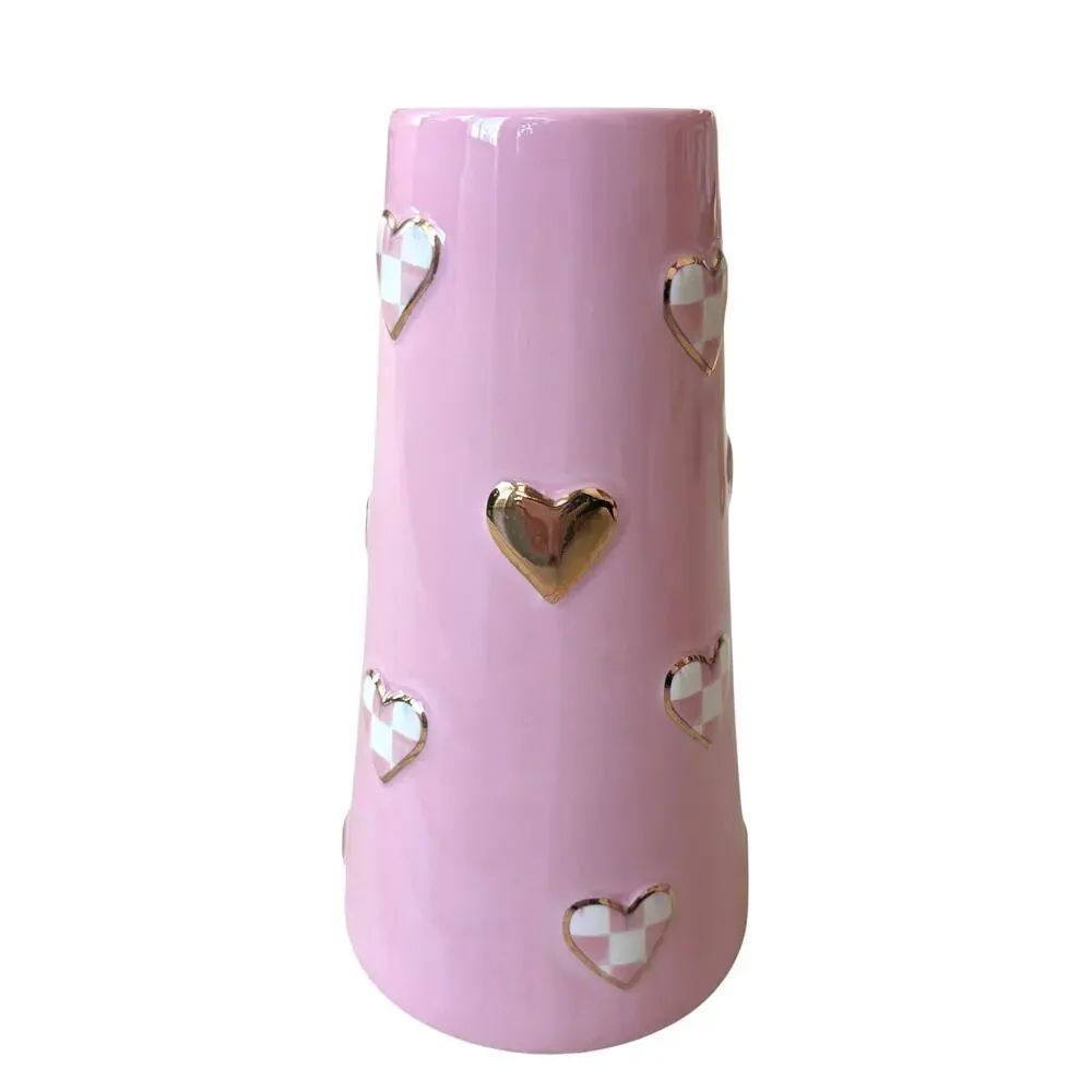 NEW Mackenzie-Childs Rosy Check Short Heart Vase In Original Box